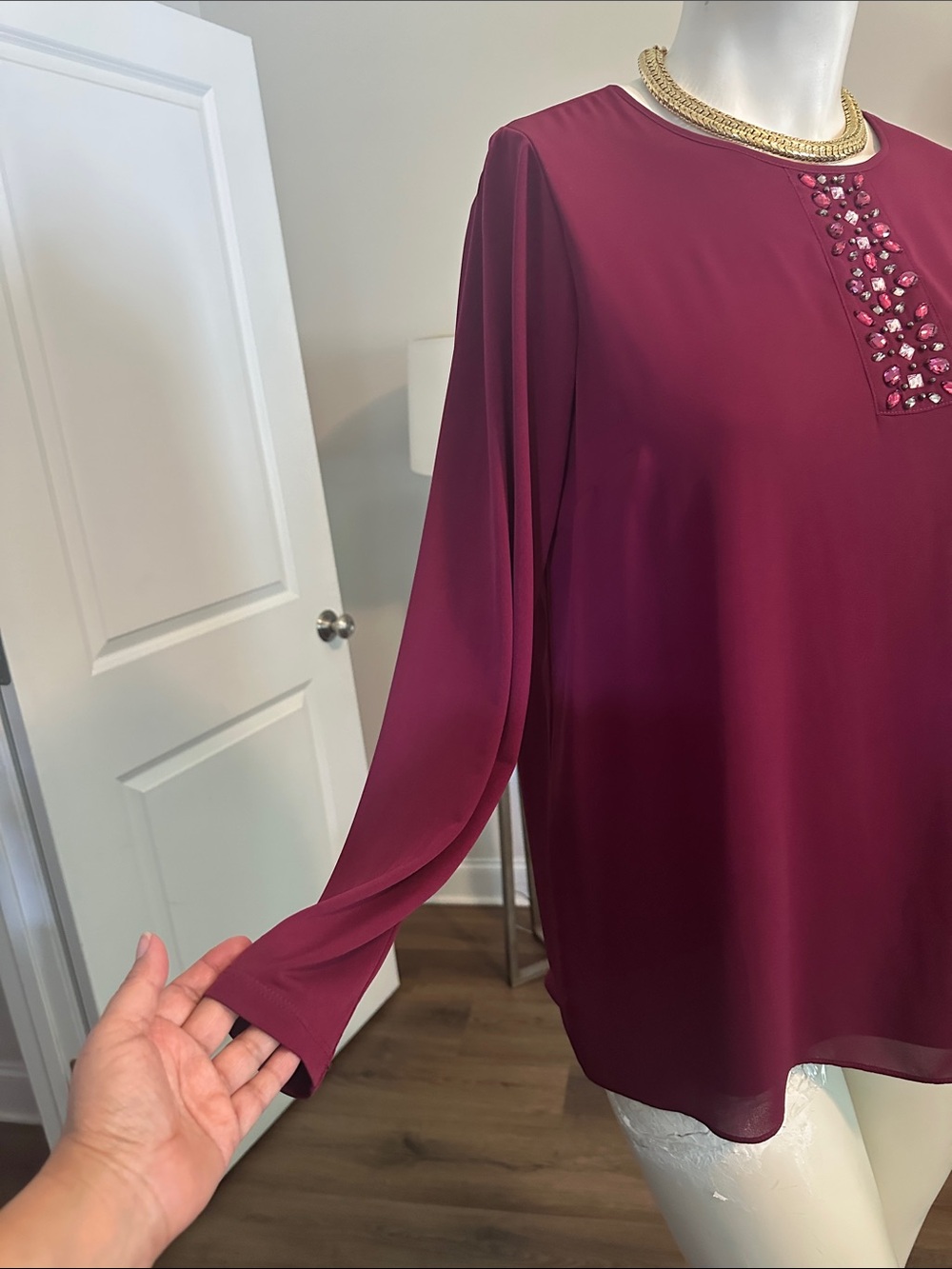 Susan Graver Burgundy Long-Sleeve Jewel-Neck Blouse - Picture 4 of 10